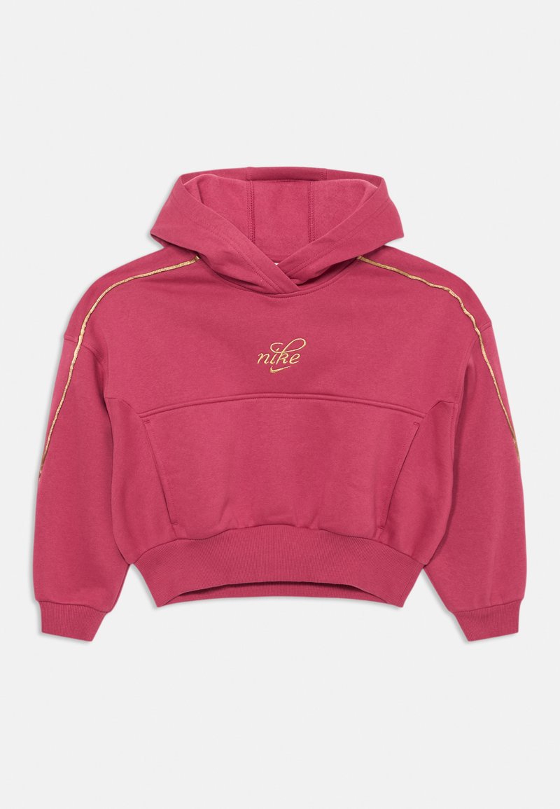 Ružová skrátená mikina s kapucňou vyrobená z bavlneného zmesi, s nastaviteľnou šnúrkou na kapucni, zlatými detailmi pozdĺž švov a predným logom Nike písaným kurzívou.