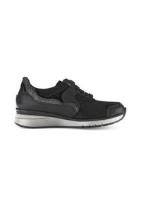Zwarte sportieve schoen met een gestructureerde bovenkant, leren accenten en een metallic zilveren tussenzool. Vetersluiting met een ronde neus.