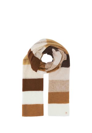 Scarf with wide horizontal stripes in white, beige, brown, and tan, folded in a loop on a white background.