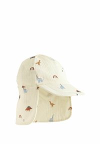 Casquette beige clair avec une large visière, décorée de motifs de dinosaures et d'arcs-en-ciel colorés. Fabriquée en tissu texturé avec des rabats latéraux pour une protection contre le soleil.