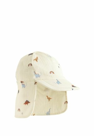 Lys beige kasket med en bred skygge, der har farverige dinosaur- og regnbuemønstre. Fremstillet af tekstureret stof med sideflapper til solbeskyttelse.