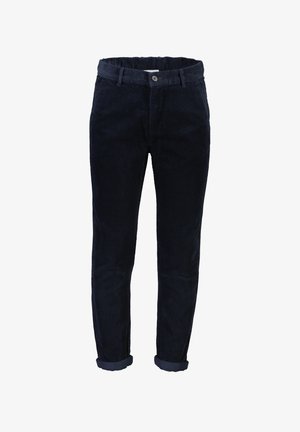 Tummansininen korduroy-housut, joissa on slim fit -leikkaus, nappikiinnitys, käännetyt lahkeet ja pystysuora nukkakuvio.