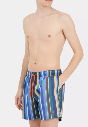 Costume da bagno a righe con colori blu, giallo, marrone e verde. Vita elastica con lacci arancioni e tasche laterali.