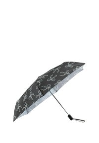 Kompakter schwarzer Regenschirm mit weißem Schleifenmuster, metalldrahtrahmen und einem Handgelenkband für einfaches Tragen.