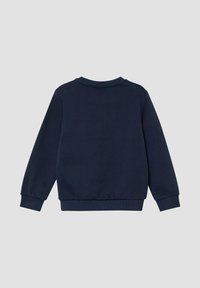 Granatowy sweter z długimi rękawami, okrągłym dekoltem, ściągaczami przy rękawach i pasek dolny. Gładka mieszanka bawełny; prosty krój.