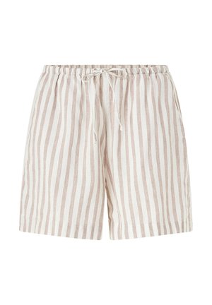 Lightweight, beige and white striped shorts with an elastic waistband and adjustable drawstring. Made of breathable fabric.