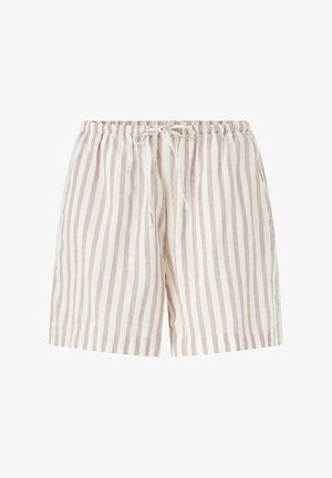 Leichte, beige-weiße gestreifte Shorts mit elastischem Bund und verstellbarem Kordelzug. Hergestellt aus atmungsaktivem Stoff.