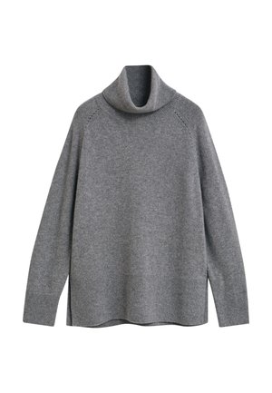 Pelēks turtlenecks džemperis, mīksts adījuma materiāls, brīvas formas, ribotas piedurknes un apakšmala, sānu izgriezumi, minimālistisks dizains, daudzfunkcionāls stils.