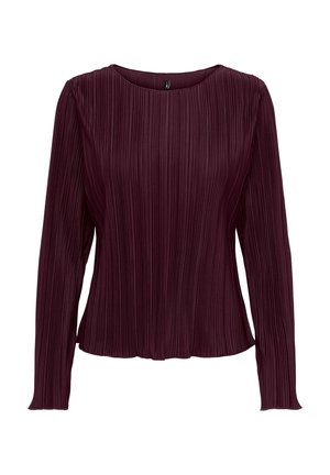 Long-sleeve, burgundy blouse with a pleated fabric texture and a round neckline, featuring a relaxed fit and subtle curved hem.