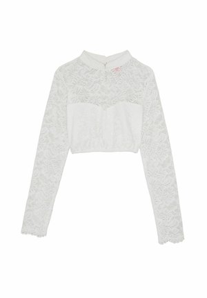 Witte langärmige cropped top met een kanten overlay en een effen paneel, met bloemenpatronen en een hoge halslijn. De textuur van de stof is duidelijk zichtbaar.