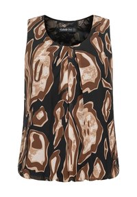 Czarny bezrękawnik z brązowo-kremowym abstrakcyjnym wzorem, plisowany z przodu, z okrągłym dekoltem. Wykonany z gładkiej tkaniny.