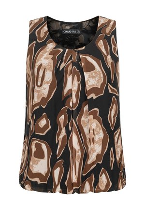 Czarny bezrękawnik z brązowo-kremowym abstrakcyjnym wzorem, plisowany z przodu, z okrągłym dekoltem. Wykonany z gładkiej tkaniny.