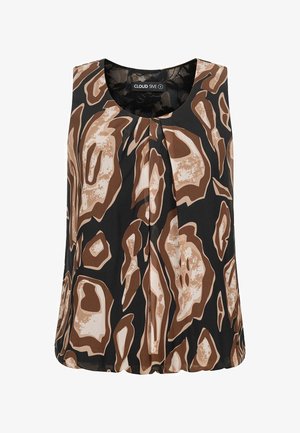 Czarny bezrękawnik z brązowo-kremowym abstrakcyjnym wzorem, plisowany z przodu, z okrągłym dekoltem. Wykonany z gładkiej tkaniny.