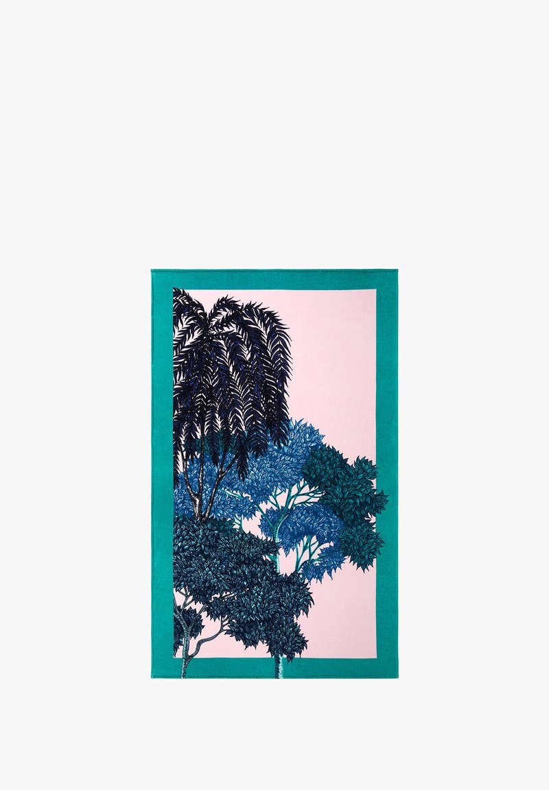 Textile featuring a pink background, bordered in teal, with dark blue tree illustrations and intricate leaf patterns. Soft, smooth texture.