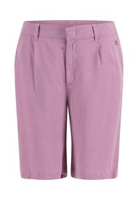 Lyse lilla shorts med en glatt tekstur, pliserte front, beltehemper og en enkelt metalldetalj på midjen.