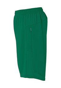 Green athletic shorts made of lightweight fabric, featuring an elastic waistband, side pockets, and textured paneling on one side.