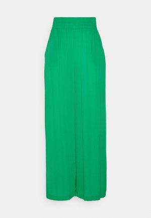 Groene wijde broek met een hoge tailleband, gemaakt van lichtgewicht stof. Heeft plooien aan de voorkant voor een gedrapeerd uiterlijk.