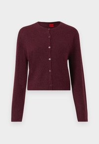 Burgundy cropped cardigan made of soft fabric, featuring a round neckline and six matching buttons down the front. Long sleeves.
