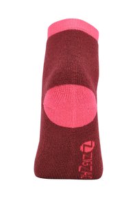 Bordeauxfarbener Socke mit pinkem Bündchen und runder Akzentuierung; verfügt über ein strukturiertes Strickmuster und ein Logo in der Nähe der Zehen.
