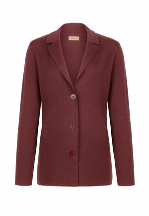 Blazer en tricot bordeaux avec col, doté de trois boutons rouges et de manches longues. Tissu texturé avec une coupe ajustée et un devant ouvert.