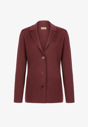 Burgundy knitted blazer with a collar, featuring three red buttons and long sleeves. Textured fabric with a tailored fit and open front.