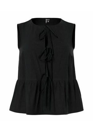 Varrukateta musta pluus ümar kaelusega, kogutud peplum-äärisega ja kolme nööritud lipsuga esi keskel.