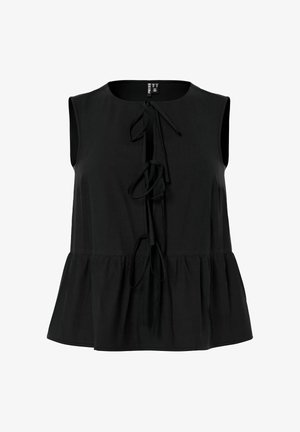 Blusa negra sin mangas con escote redondo, bajo peplum fruncido y tres lazos atados en el centro delantero.