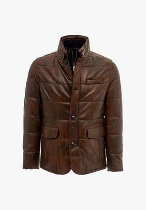 Braune Lederjacke mit einer gesteppten Optik, hohem Kragen, vorderer Knopfleiste und zwei Brusttaschen. Glatte Textur mit tailliertem Schnitt.