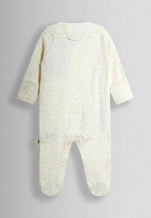 Krémovo sfarbené dojčenské body s dlhými rukávmi, s vlnkovaným golierom a ružovými bodkami, vyrobené z mäkkej látky. Čipkovaná ozdoba na manžetách.