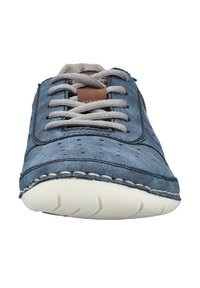 Blue leather sneaker with gray laces, round toe, subtle perforations, white rubber sole, and stitched detailing along the edges.