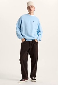 Light blue sweatshirt with a round neck and logo, paired with loose-fitting dark brown pants and checkered sneakers. Knitted beige beanie worn.