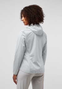 Light grey hooded jacket with long sleeves, smooth texture, and adjustable drawstring at the hood. Seam detailing along the back.
