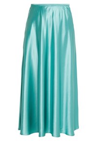 Dlouhá saténová sukně Aankara v tyrkysové barvě, s elastickým pasem, volným střihem a hladkou texturou.