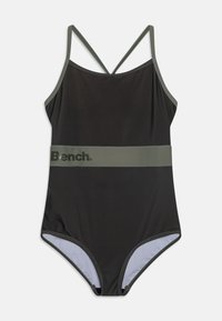 Zwarte zwemkleding met een contrasterende groene band met het "Bench." logo, verstelbare dunne bandjes, een gladde textuur en een gestroomlijnde vorm.