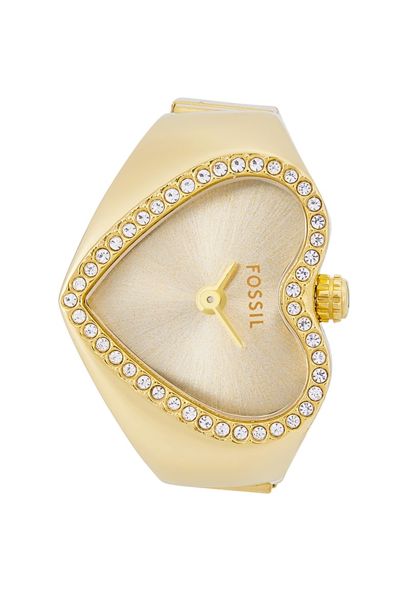 Montre en forme de cœur en or avec un cadran texturé en or clair, entourée d'une rangée de cristaux transparents, et une petite couronne sur le côté.