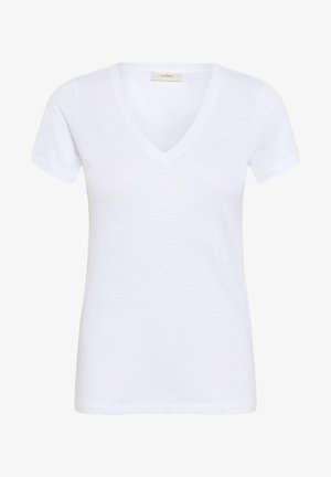 Biela krátka rukávová tričko s výstrihom do V, vyrobené z ľahkého materiálu; má voľný strih s hladkou textúrou a jemným leskom.