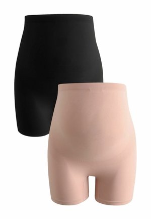 Zwei Paar nahtlose Figurformende Shorts: ein schwarzes und ein hellrosa, beide mit elastischem Stoff und einem elastischen Bund für Komfort.