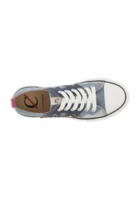 Denim sneaker with white rubber sole, black toe cap, and floral embroidery along the side. Features white laces and a pink heel tab.