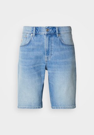 Light blue denim shorts with a straight cut, featuring a button and zipper closure, five pockets, and subtle fading on the fabric.