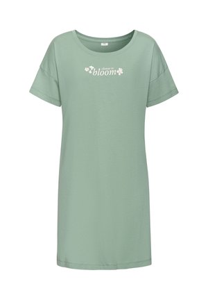 Light green short-sleeve nightgown in soft cotton with a round neck and the text "choose to bloom" with floral accents printed on the front.