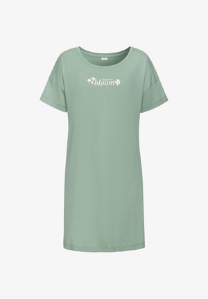 Camicia da notte a maniche corte verde chiaro in morbido cotone con scollo rotondo e la scritta "choose to bloom" con accenti floreali stampata sul davanti.