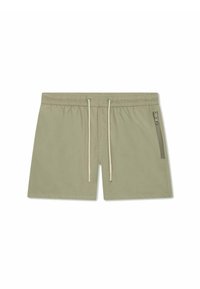Shorts de bain khaki en matériau léger avec une taille élastique, cordon de serrage et une poche latérale zippée. Texture lisse.