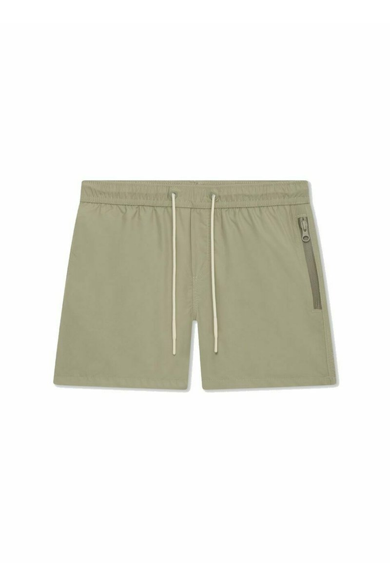 Shorts de bain khaki en matériau léger avec une taille élastique, cordon de serrage et une poche latérale zippée. Texture lisse.