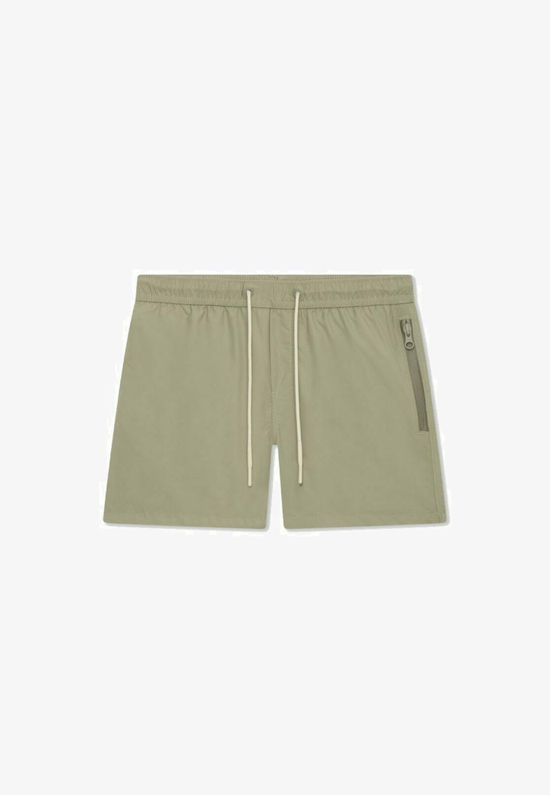 Shorts de bain khaki en matériau léger avec une taille élastique, cordon de serrage et une poche latérale zippée. Texture lisse.