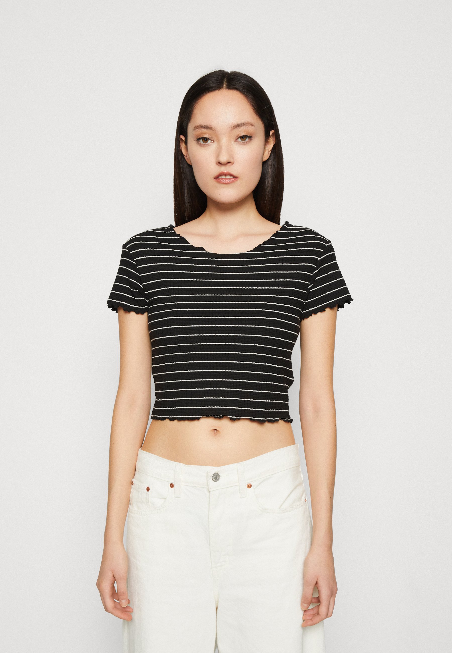 T-Shirt Donna ONLY ONLANITS S/S Cropped Top Jrs – Manica Corta, Scollo A U, Bianco Antico Con Strisce Nere