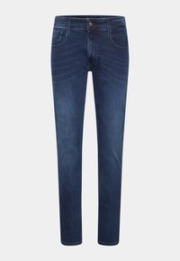 Mörkblå slim-fit jeans med fram- och bakfickor, knäppning och subtila urtvättade detaljer på låren och knäna.