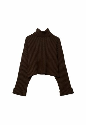 Pull en brown, cropped, à col roulé en maille côtelée avec manches longues et un design en tricot texturé. Il possède des poignets larges et un col ajusté.