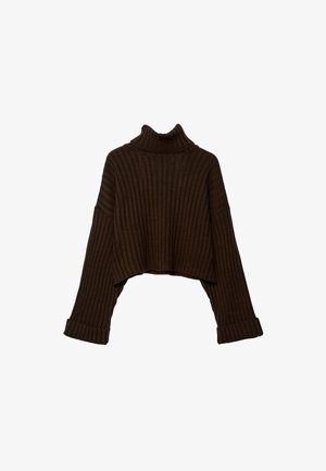 Pull en brown, cropped, à col roulé en maille côtelée avec manches longues et un design en tricot texturé. Il possède des poignets larges et un col ajusté.