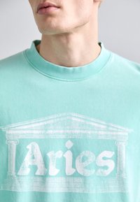Hanorac verde mentă cu un imprimeu grafic alb reprezentând un element arhitectural clasic și cuvântul "Aries" scris cu litere îndrăznețe, stilizate.