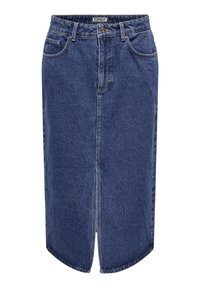Denim skirt with a mid-length cut, dark blue wash, front slit, and classic five-pocket design, featuring a button and zip closure.